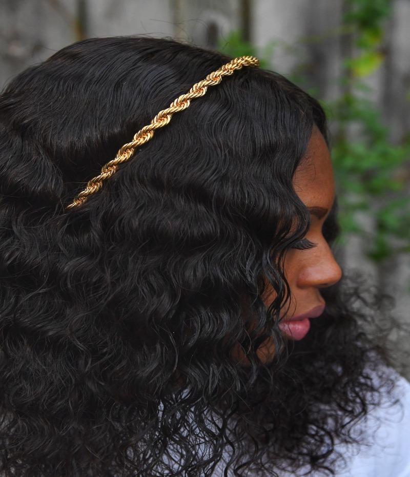 gold rope twist metal headband on black girl with curly hair
