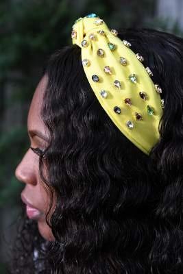 yellow multicolor rhinestone embellished headband on black girl with curly hair 
